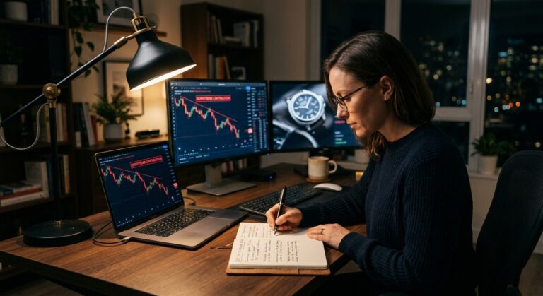 A woman in a home office at night, writing in a notebook while analyzing downward stock market trends on multiple screens